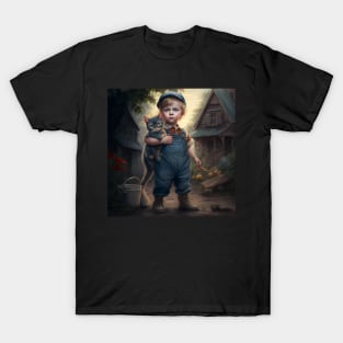 Young boy in his denim coveralls carrying his cat. T-Shirt